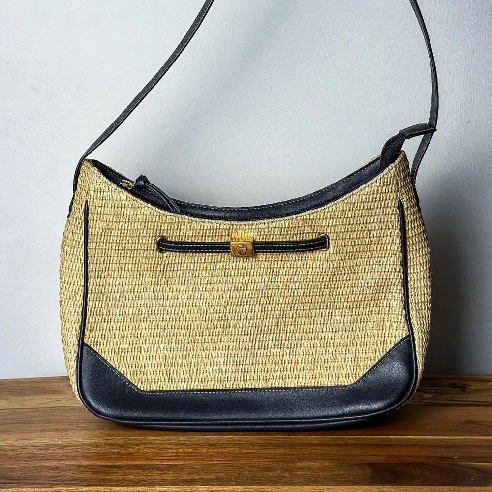 Vintage Etienne Aigner Navy Leather Shoulder Bag: Basketweave Summer Purse - Picture 2 of 7